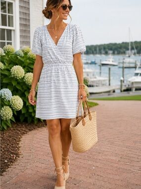 LOFT Black & Tan Striped Faux Wrap Dress | Puff Sleeve Mini Dress